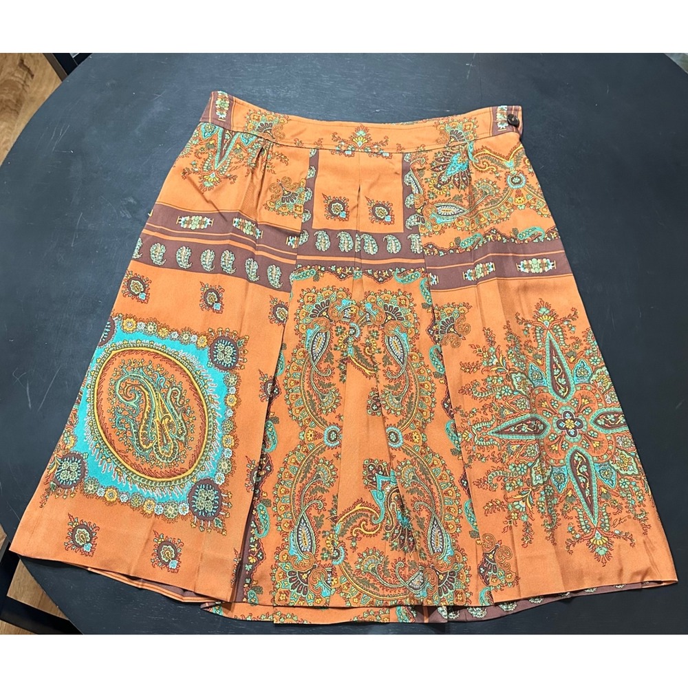 Etro Italy Orange Paisley Silk Pleated Knee Length Skirt Size 46 Womens